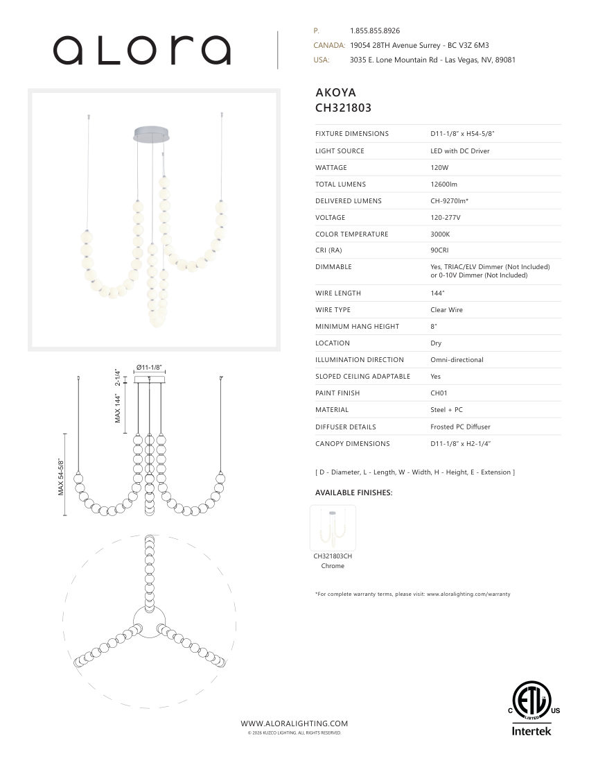 Kuzco Lighting CH321803CH cut sheet — first page