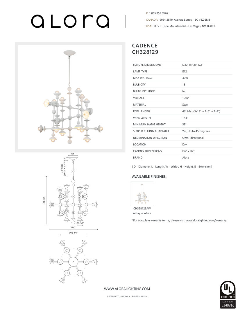 Kuzco Lighting CH328129AW cut sheet — first page