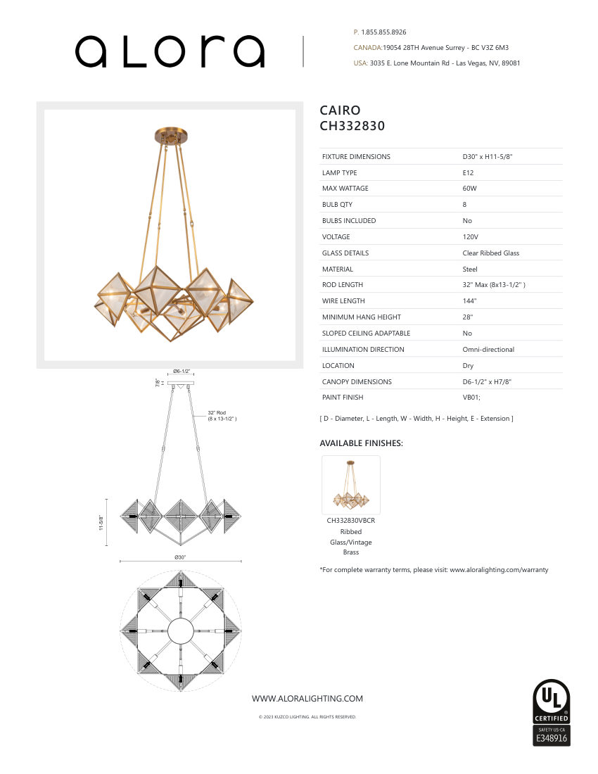 Kuzco Lighting CH332830VBCR cut sheet — first page