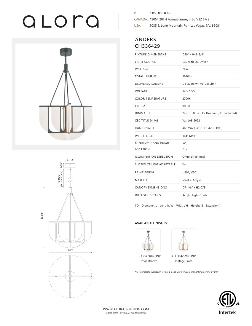 Kuzco Lighting CH336429VB-UNV cut sheet — first page