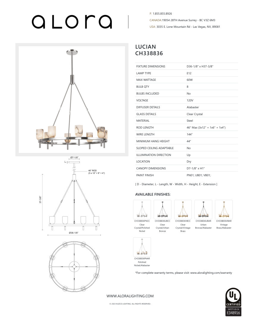 Kuzco Lighting CH338836VBAR cut sheet — first page