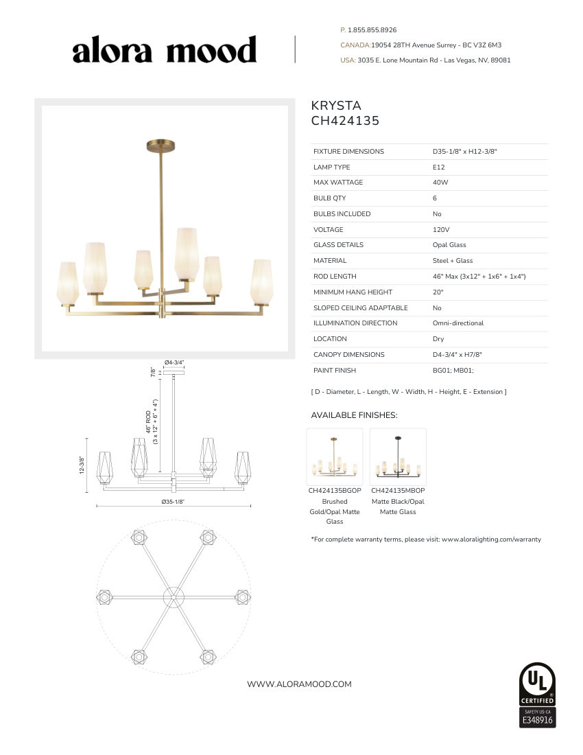 Kuzco Lighting CH424135BGOP cut sheet — first page