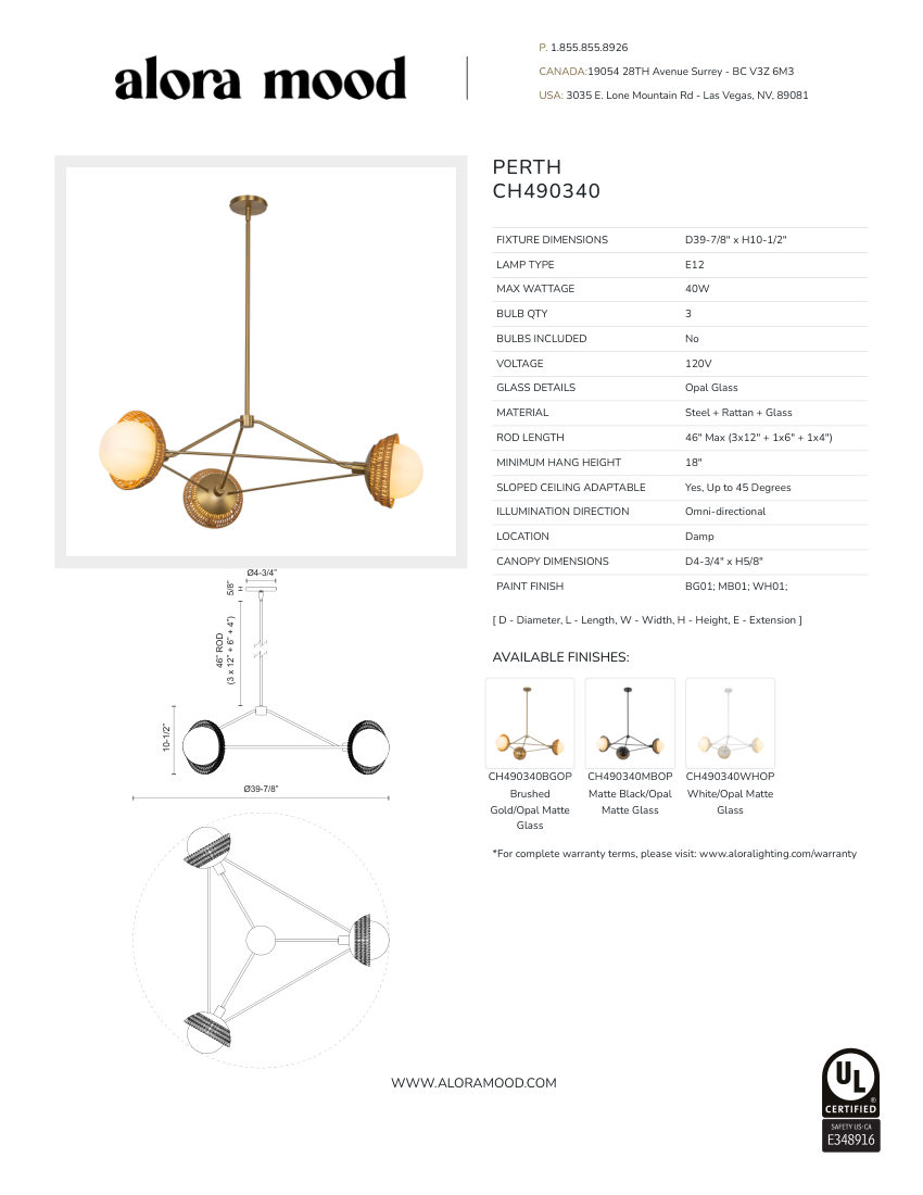 Kuzco Lighting CH490340WHOP cut sheet — first page