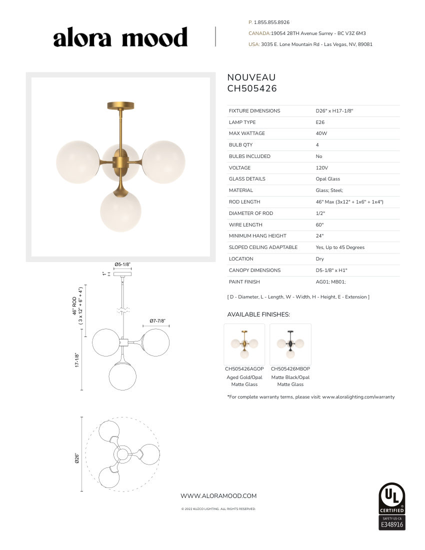 Kuzco Lighting CH505426AGOP cut sheet — first page