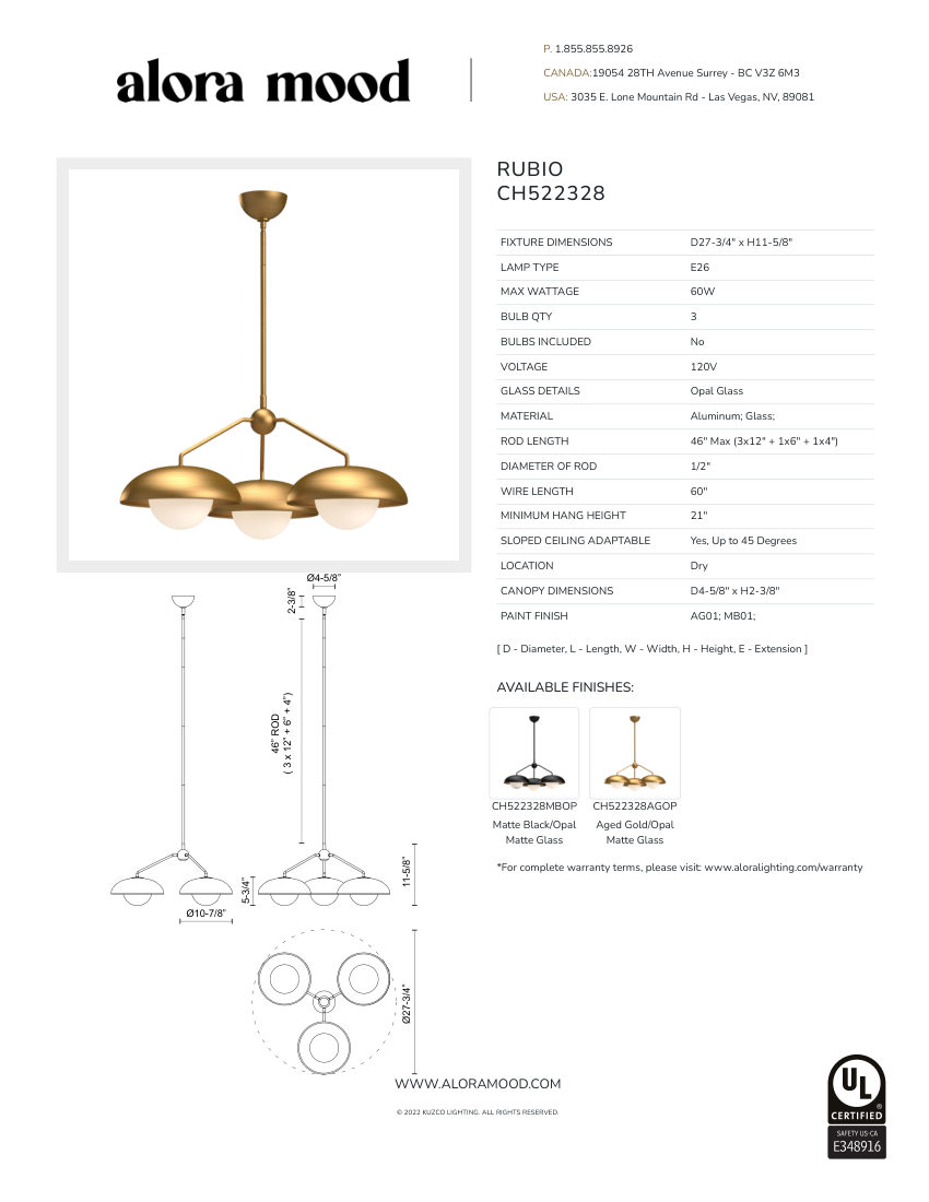 Kuzco Lighting CH522328AGOP cut sheet — first page