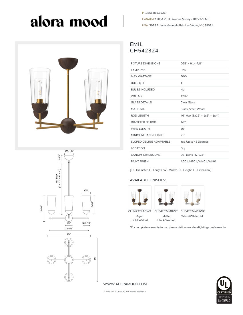 Kuzco Lighting CH542324AGWT cut sheet — first page