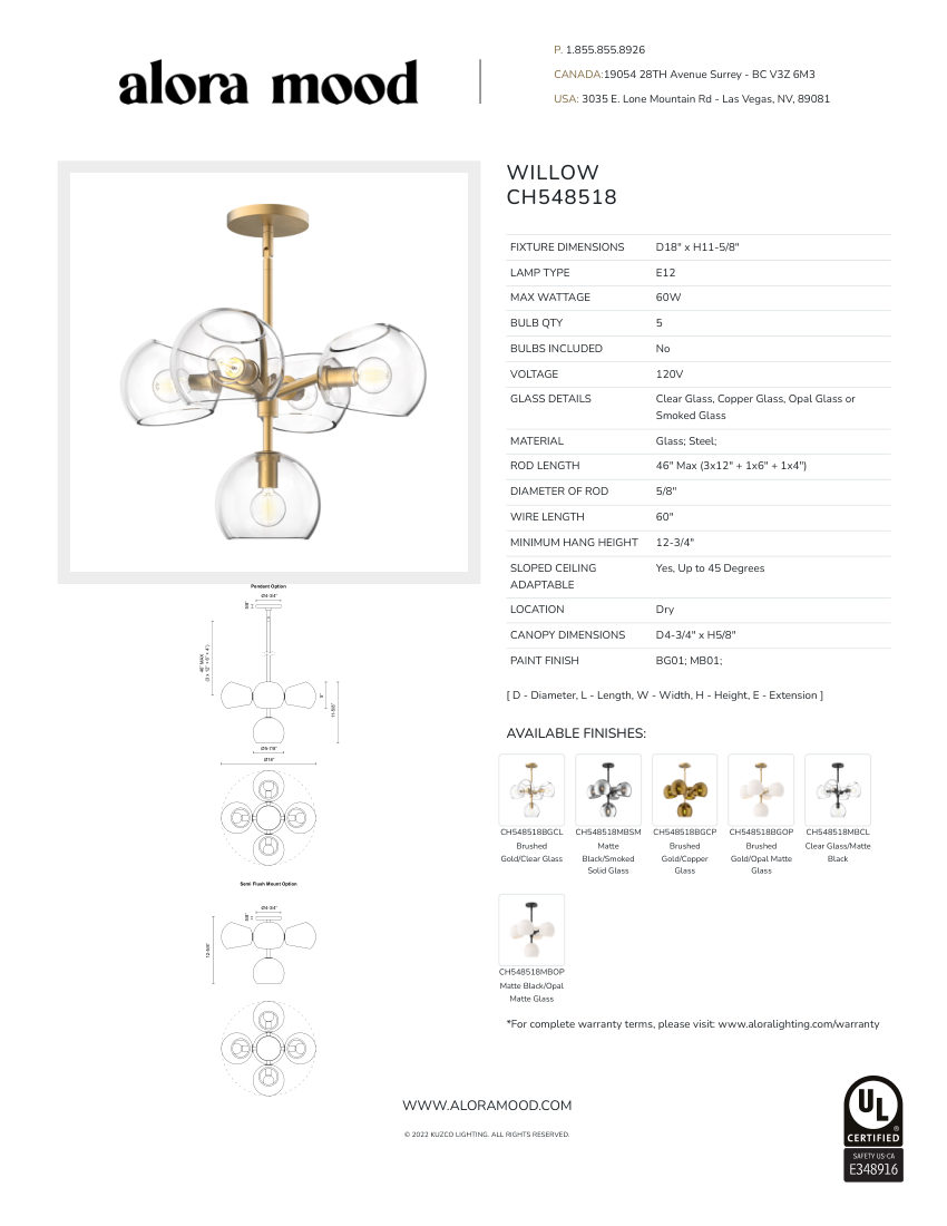 Kuzco Lighting CH548518MBOP cut sheet — first page