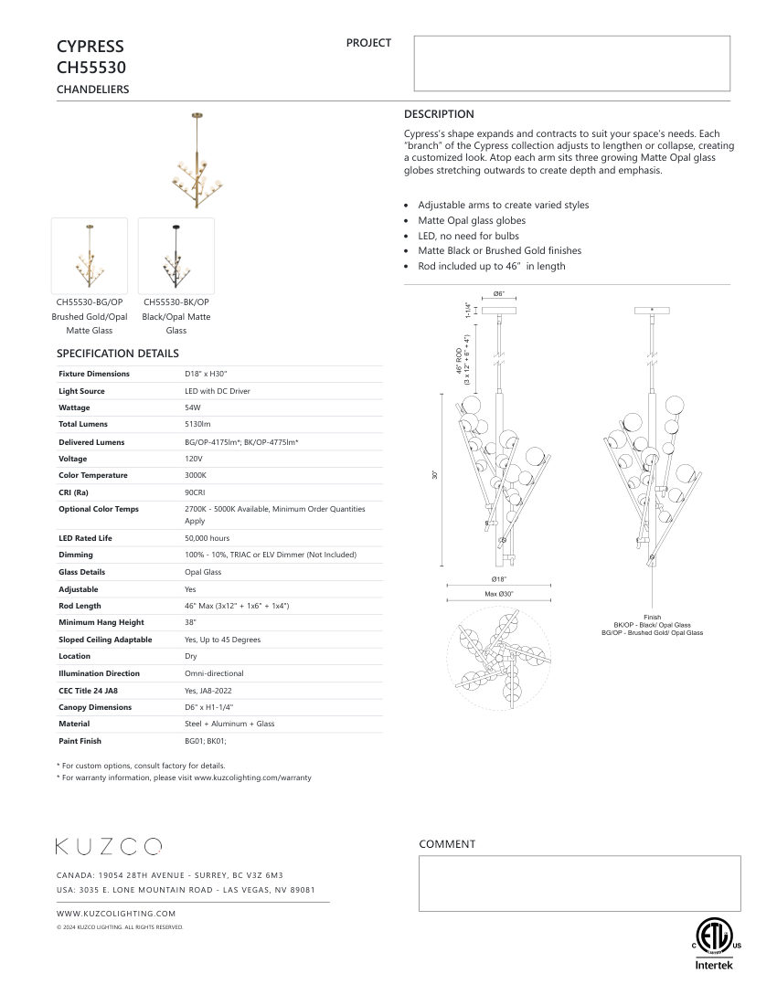Kuzco Lighting CH55530-BG/OP cut sheet — first page