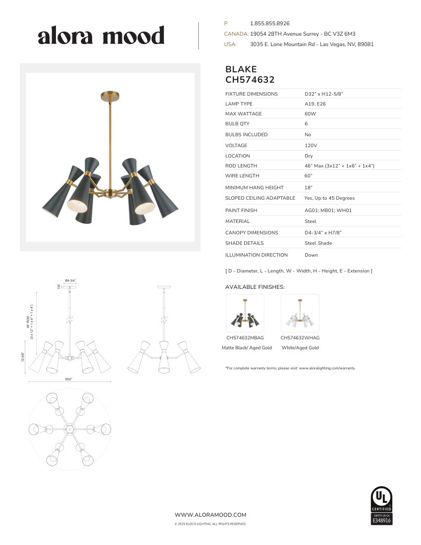 Kuzco Lighting CH574632WHAG cut sheet — first page