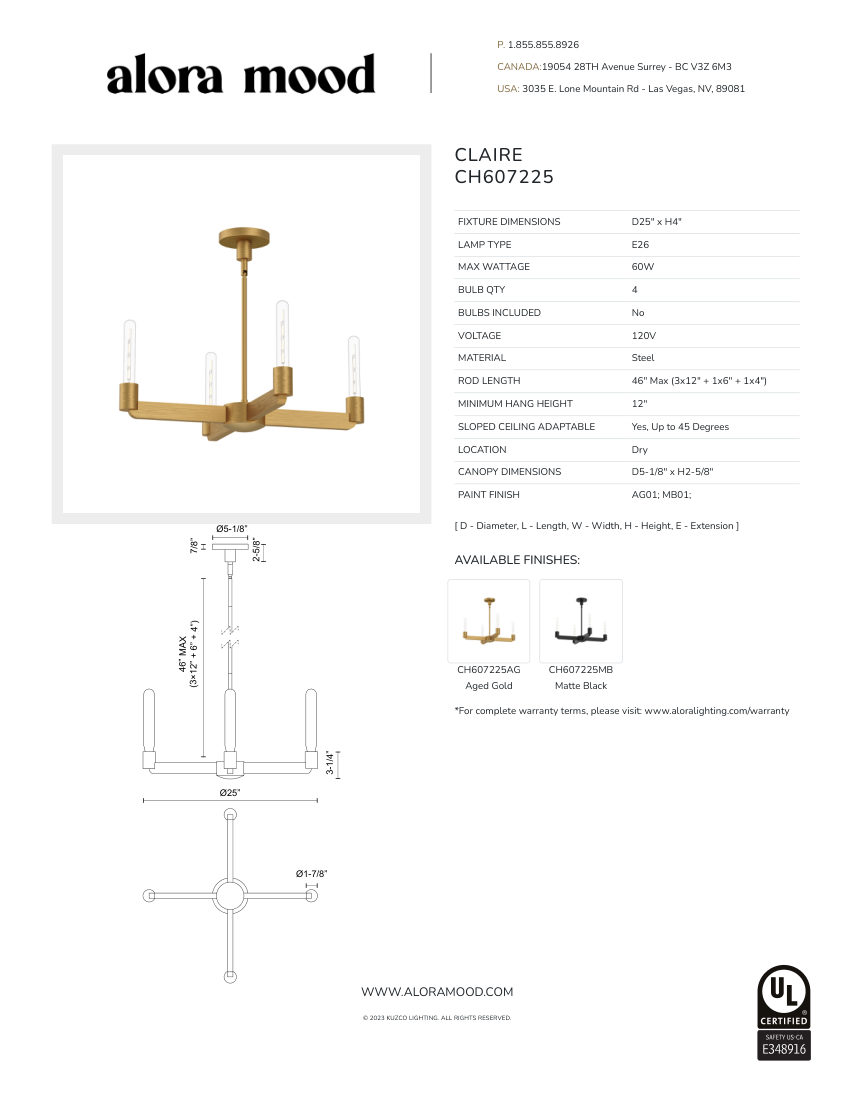 Kuzco Lighting CH607225MB cut sheet — first page