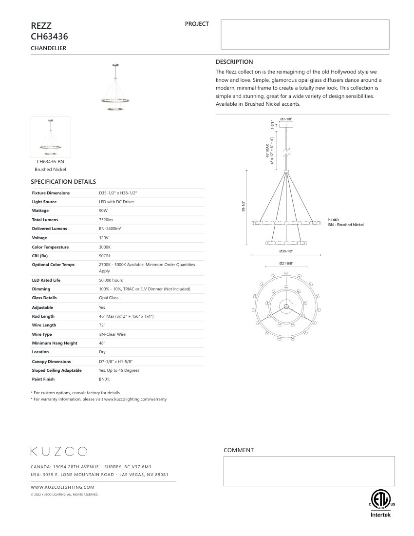 Kuzco Lighting CH63436-BK cut sheet — first page