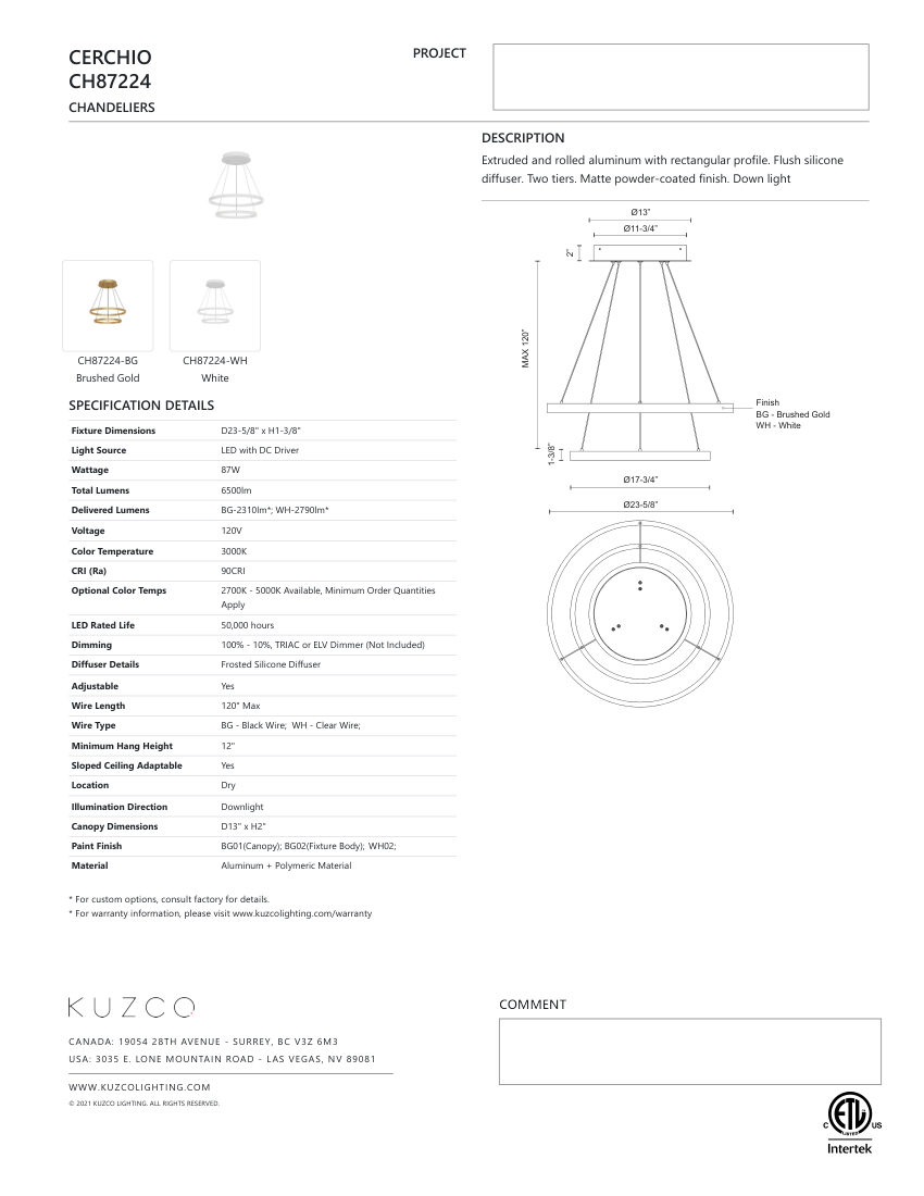 Kuzco Lighting CH87224-BK-UNV-010 cut sheet — first page