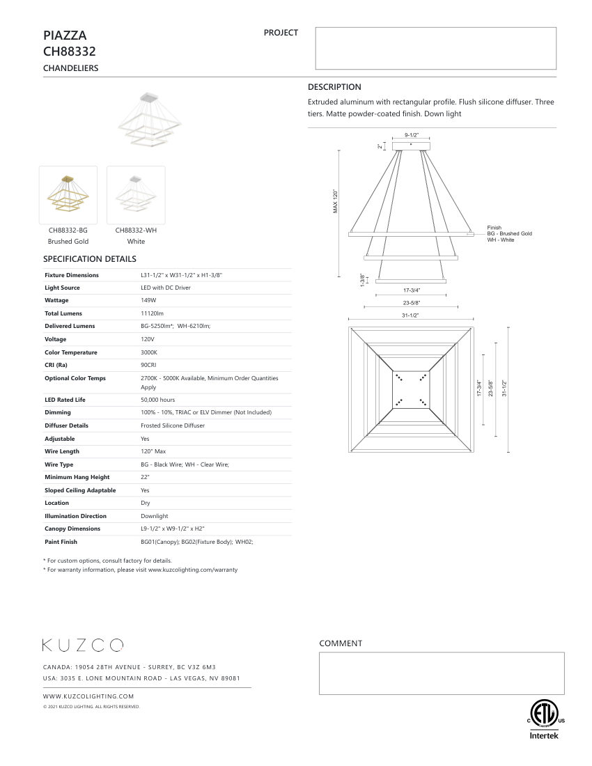 Kuzco Lighting CH88332-BK-UNV-010 cut sheet — first page