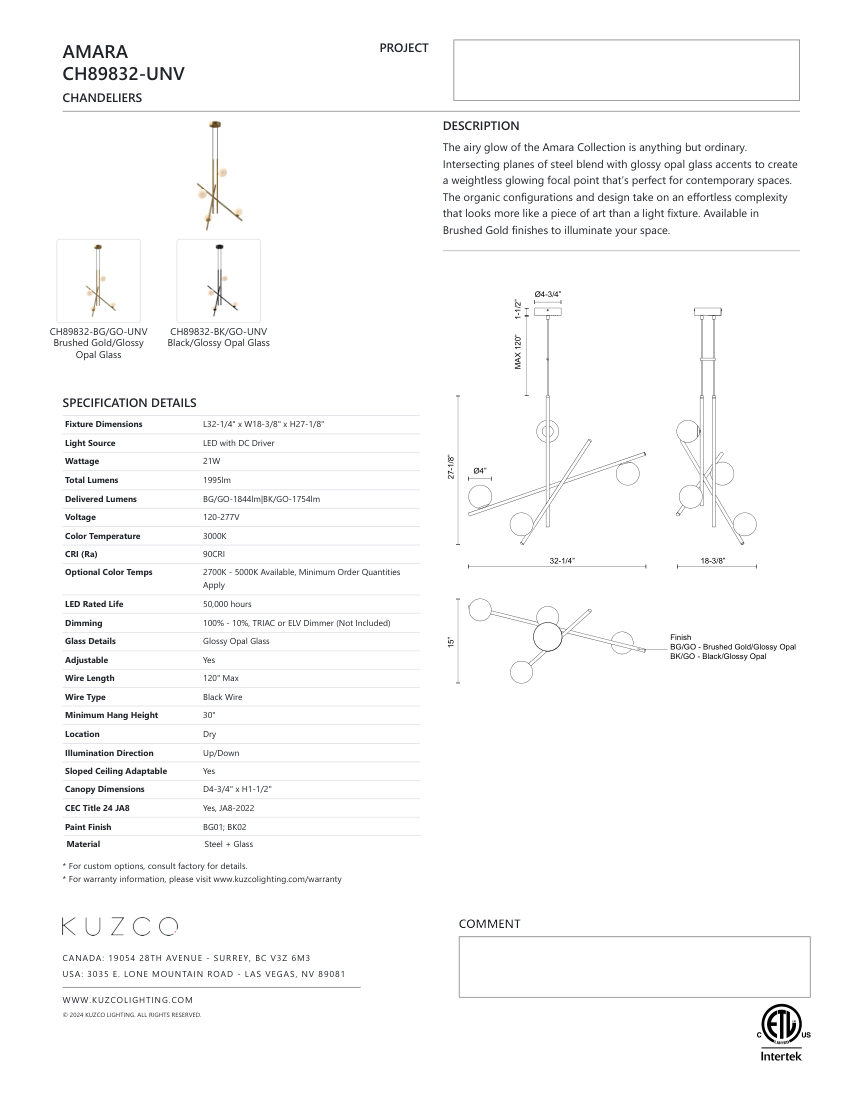 Kuzco Lighting CH89832-BK/GO-UNV cut sheet — first page