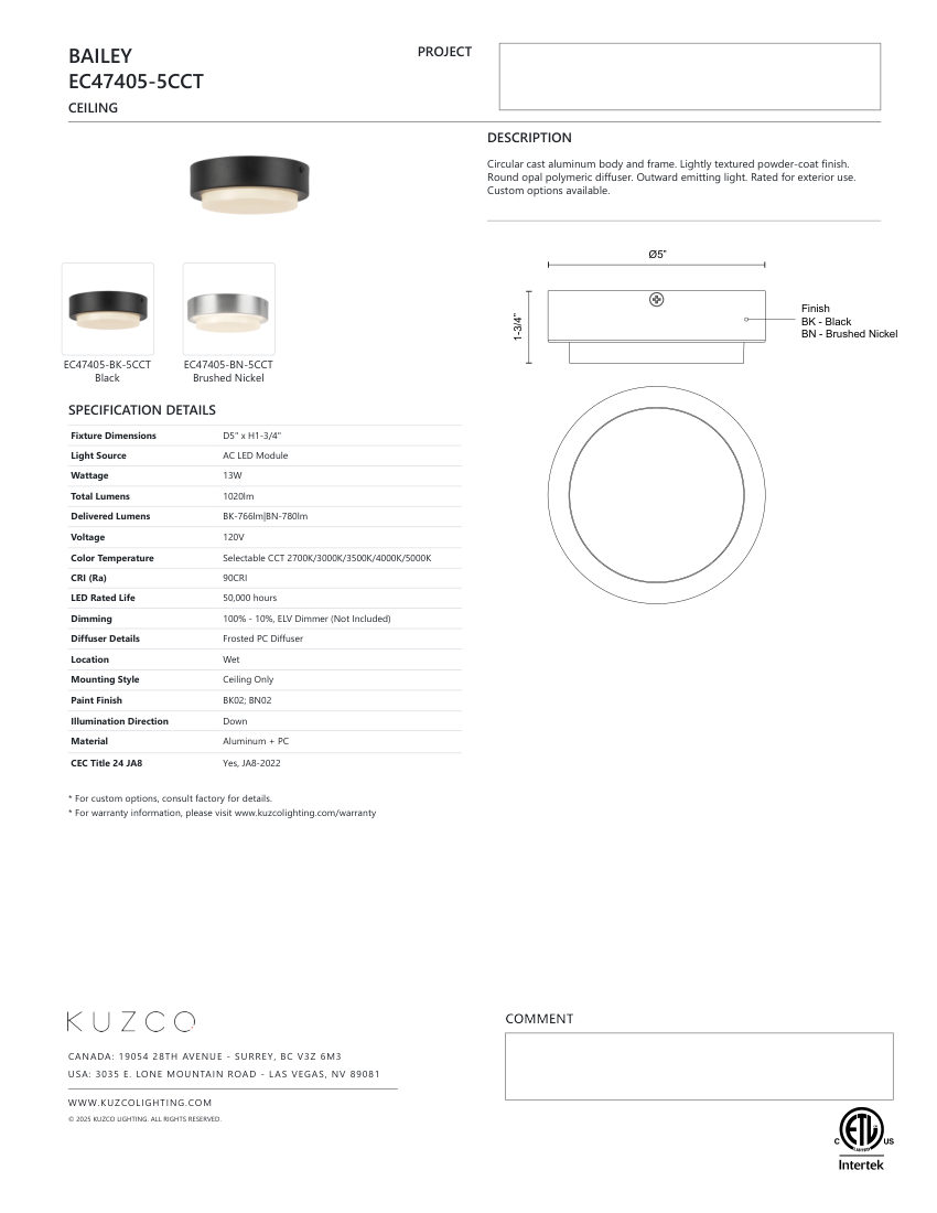 Kuzco Lighting EC47405-BK-5CCT cut sheet — first page