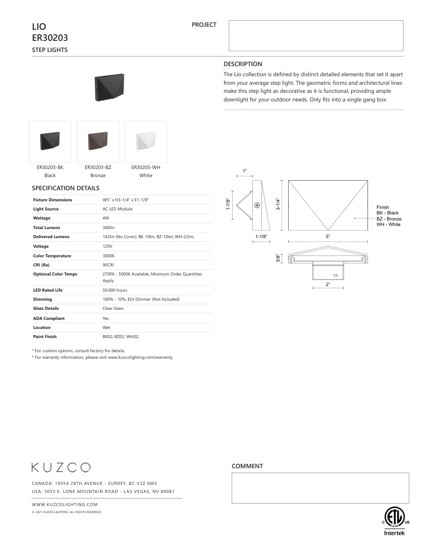 Kuzco Lighting ER30203-WH cut sheet — first page