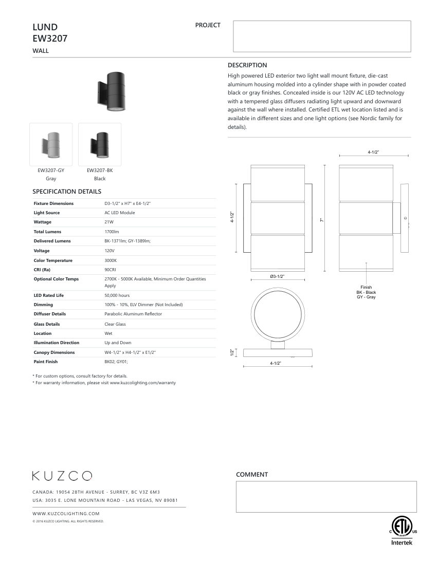Kuzco Lighting EW3207-BK cut sheet — first page