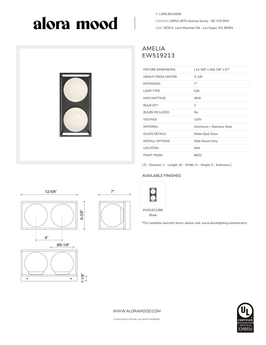 Kuzco Lighting EW519213BK cut sheet — first page