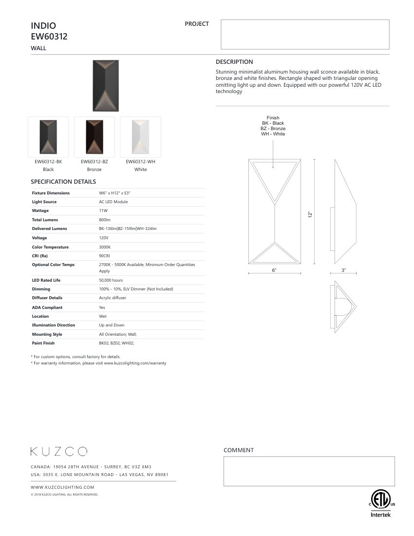 Kuzco Lighting EW60312-WH cut sheet — first page