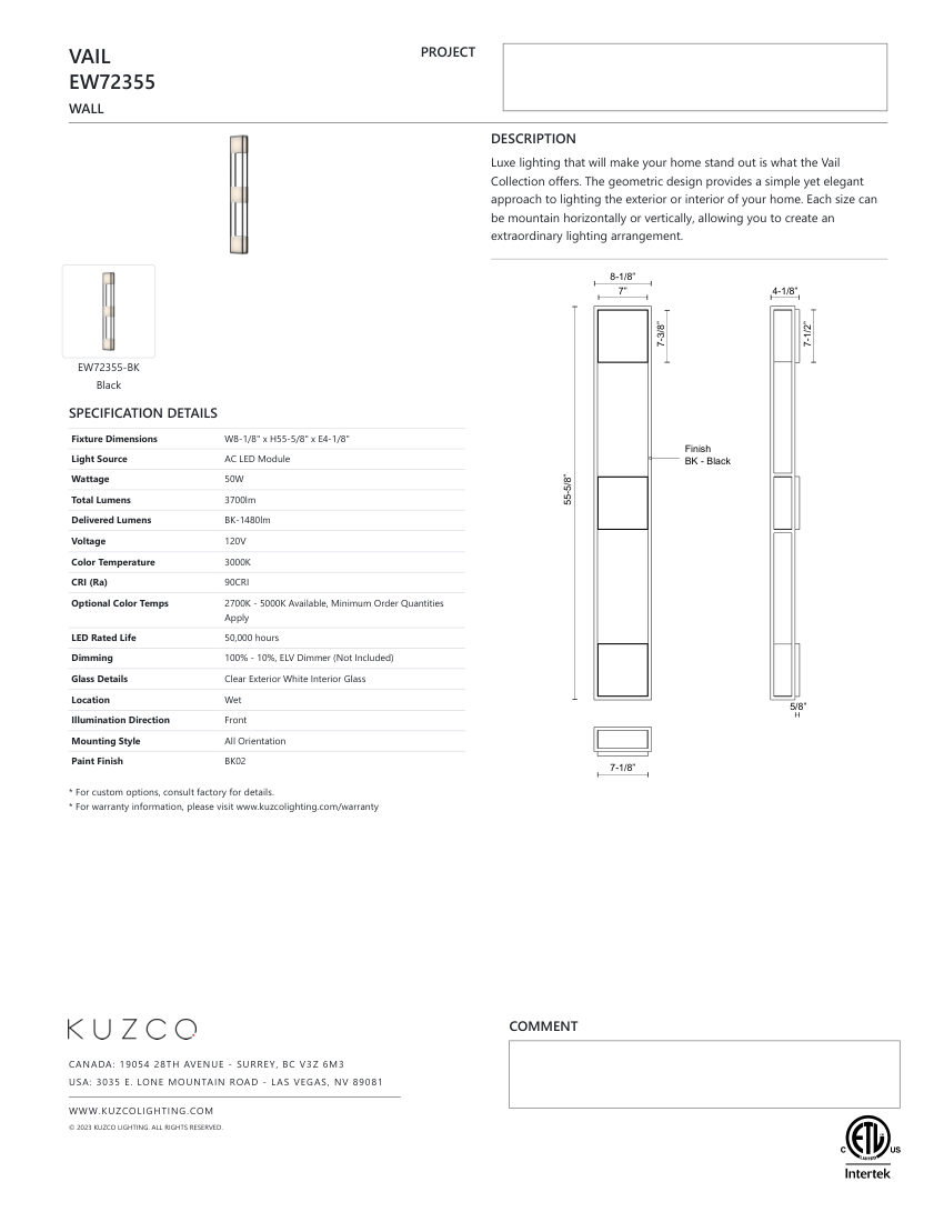 Kuzco Lighting EW72355-BK cut sheet — first page