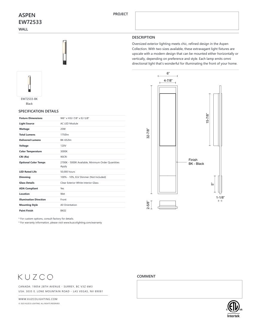 Kuzco Lighting EW72533-BK cut sheet — first page
