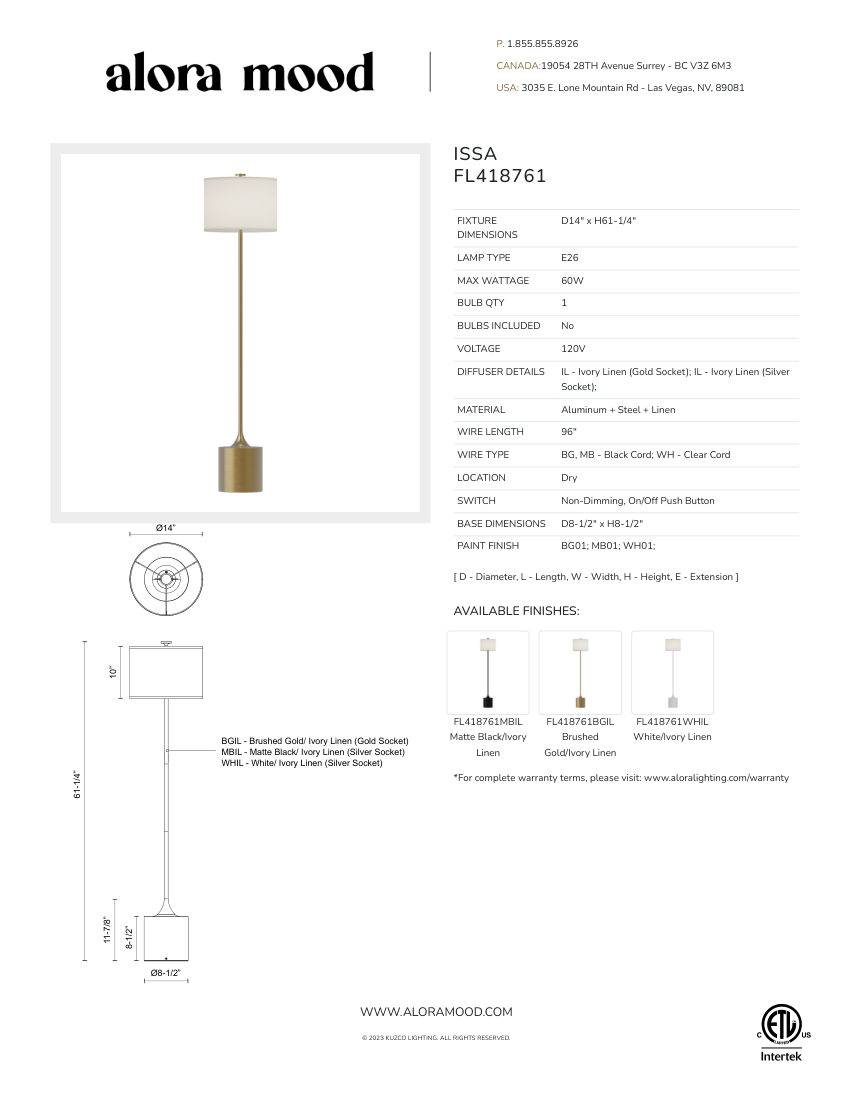 Kuzco Lighting FL418761WHIL cut sheet — first page