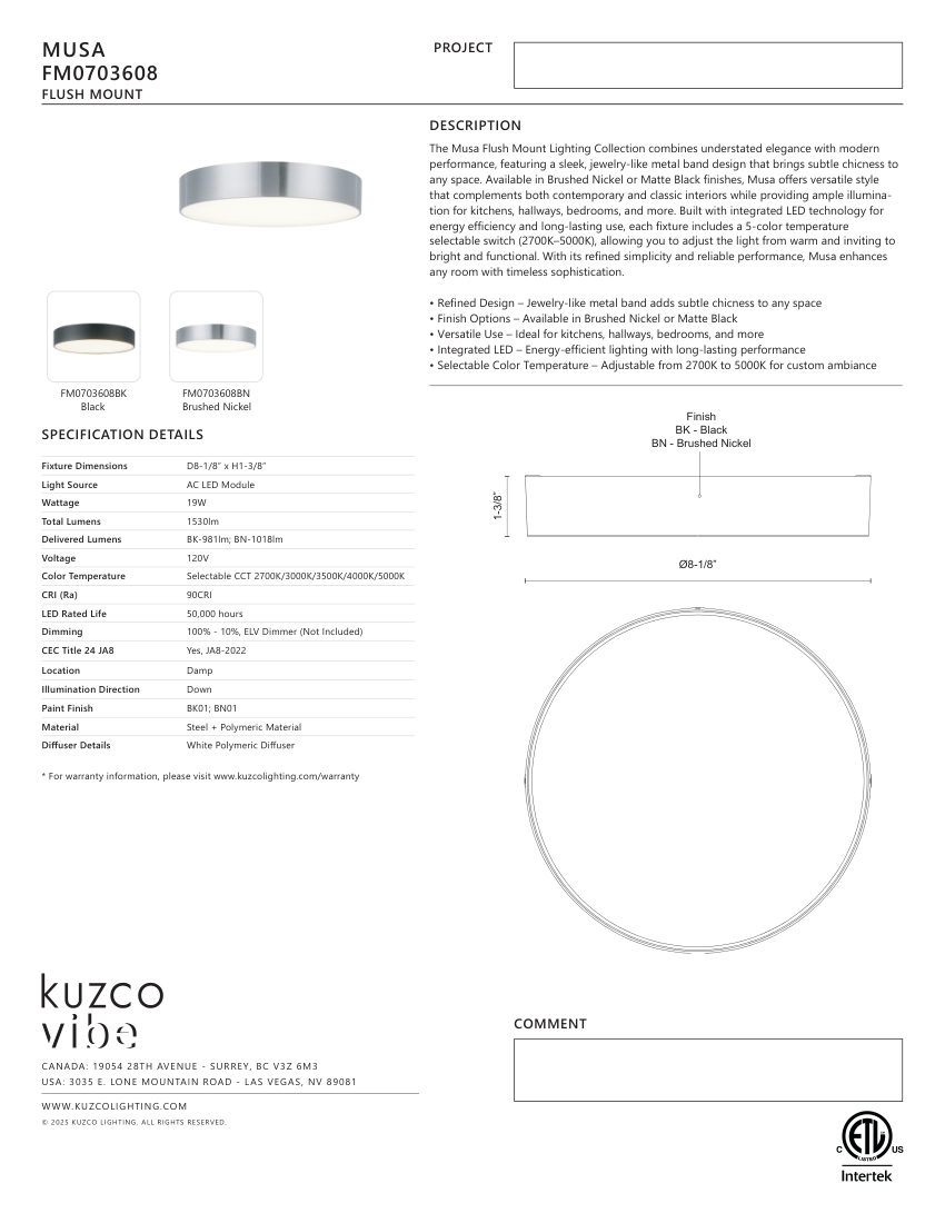 Kuzco Lighting FM0703608BN cut sheet — first page
