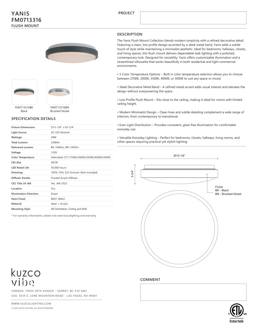 Kuzco Lighting FM0713316BN cut sheet — first page