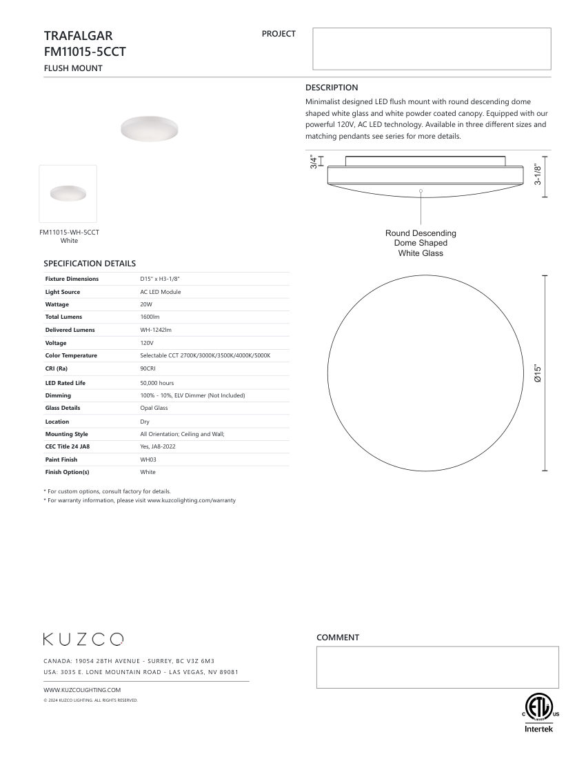 Kuzco Lighting FM11015-WH-5CCT cut sheet — first page