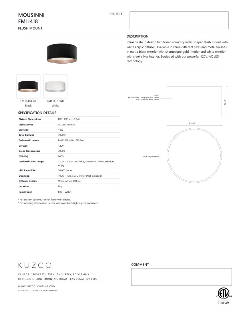 Kuzco Lighting FM11418-WH cut sheet — first page