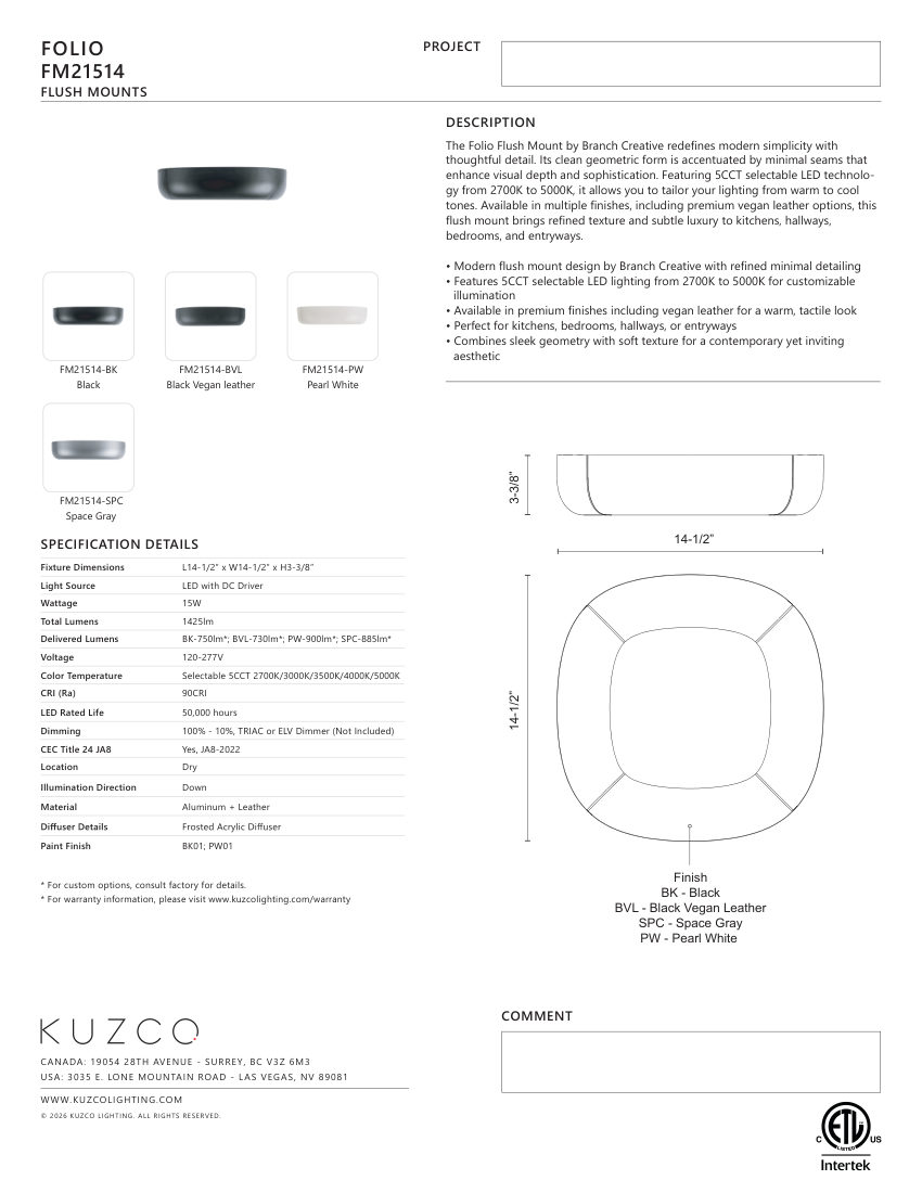 Kuzco Lighting FM21514-BK cut sheet — first page