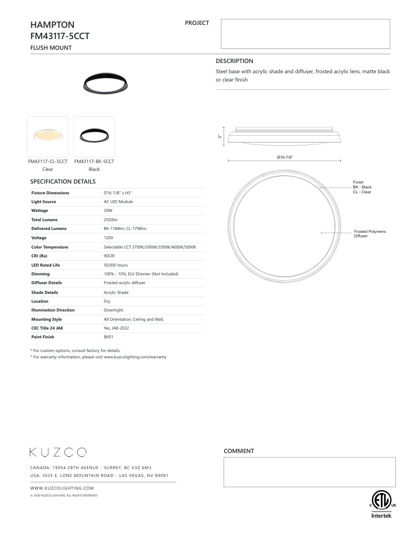 Kuzco Lighting FM43117-CL-5CCT cut sheet — first page