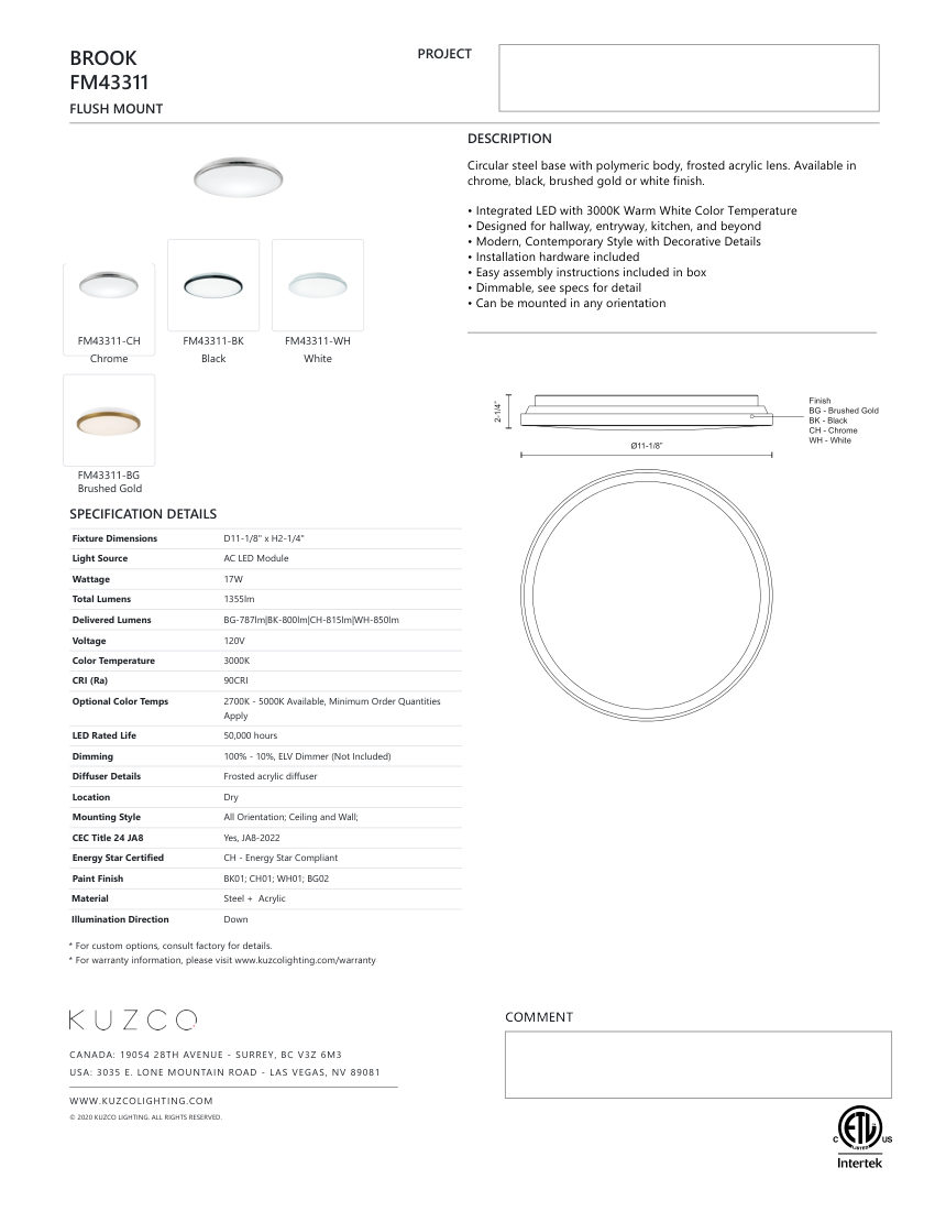 Kuzco Lighting FM43311-BG cut sheet — first page
