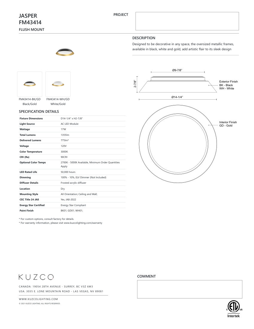 Kuzco Lighting FM43414-WH/GD cut sheet — first page