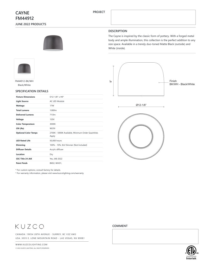 Kuzco Lighting FM44912-BK/WH cut sheet — first page
