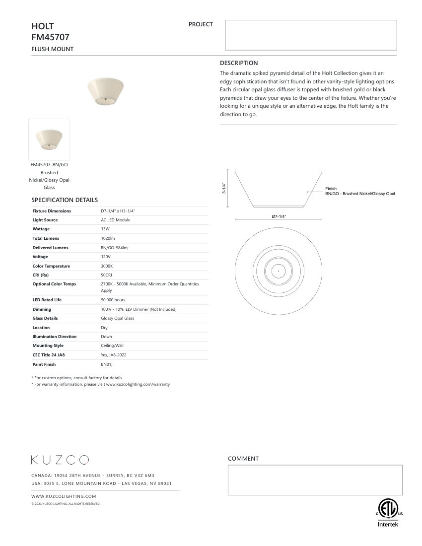 Kuzco Lighting FM45707-BN/GO cut sheet — first page