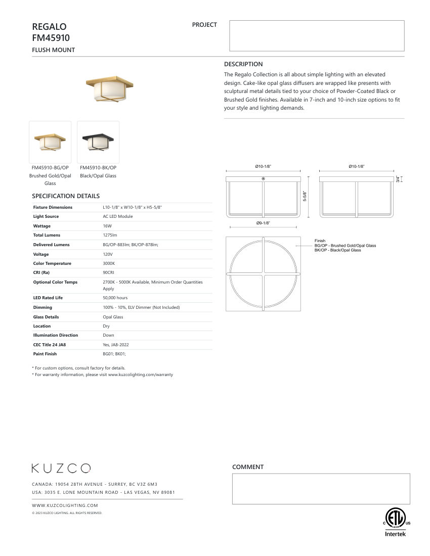 Kuzco Lighting FM45910-BK/OP cut sheet — first page