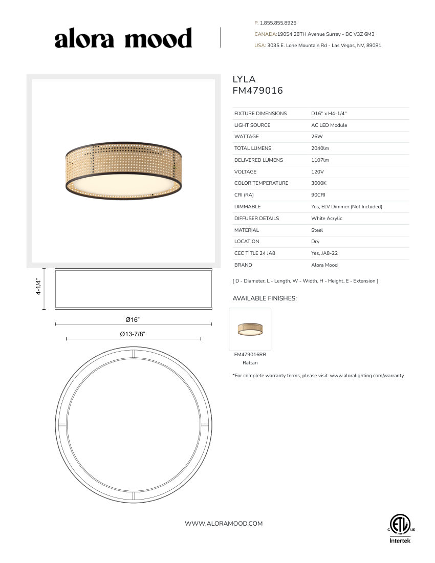 Kuzco Lighting FM479016RB-5CCT cut sheet — first page