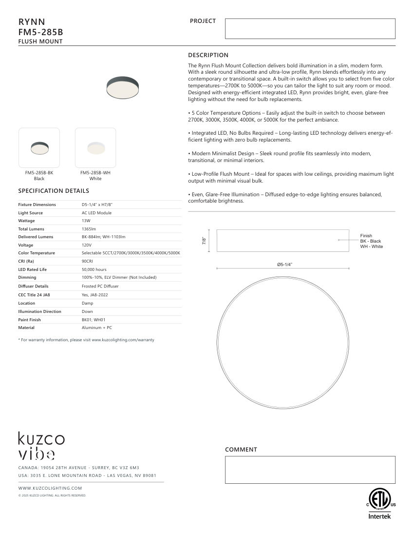 Kuzco Lighting FM5-285B-BK cut sheet — first page