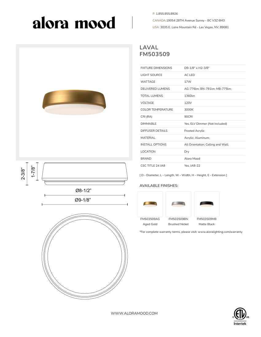 Kuzco Lighting FM503509MB cut sheet — first page