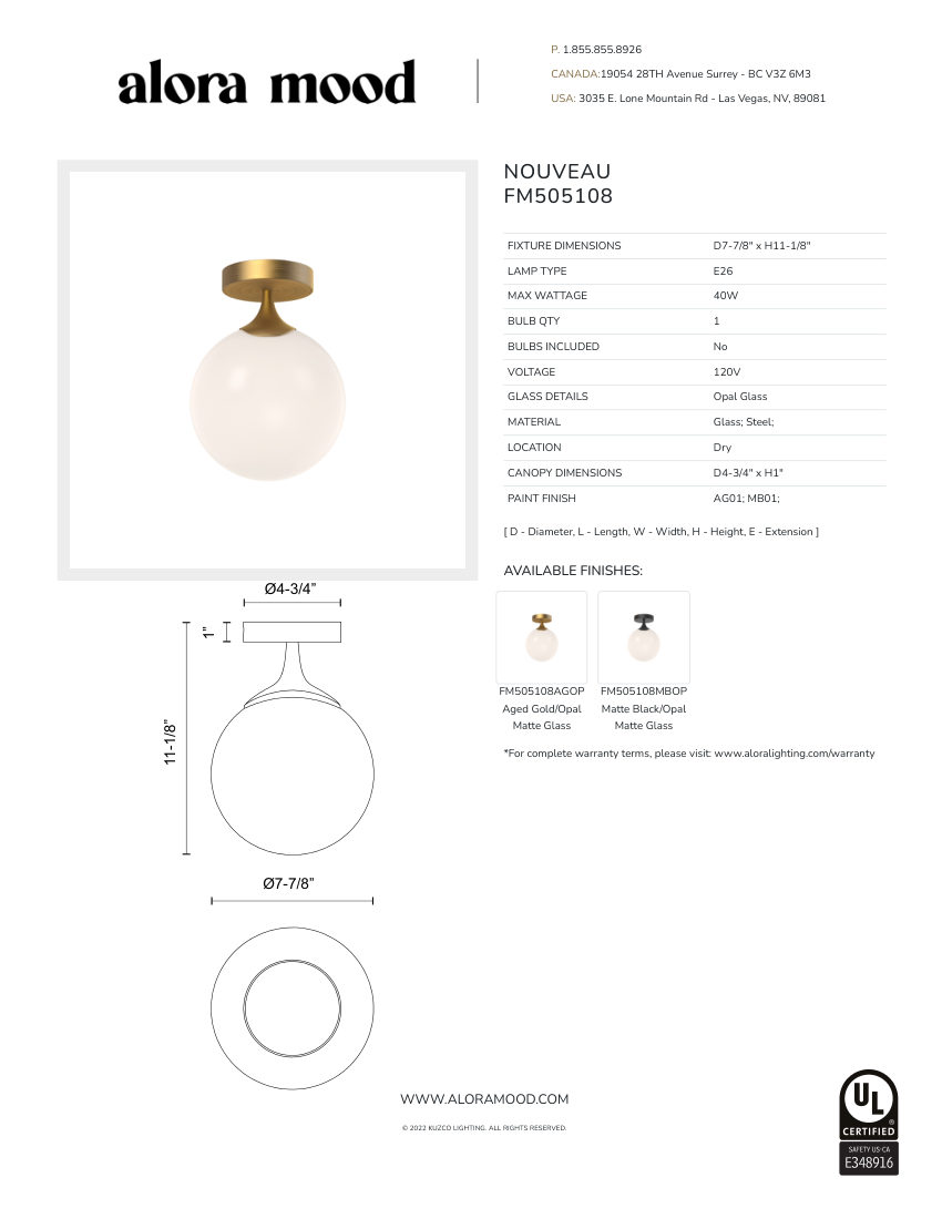 Kuzco Lighting FM505108AGOP cut sheet — first page