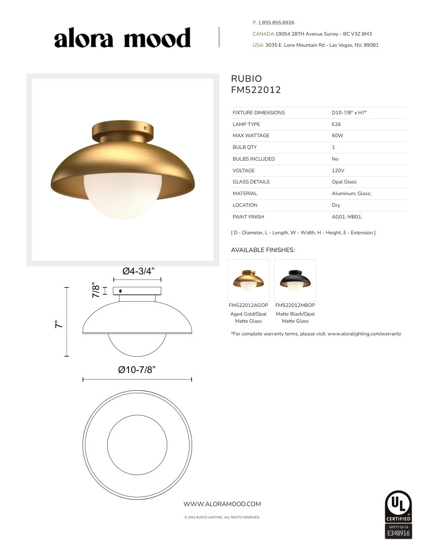 Kuzco Lighting FM522012MBOP cut sheet — first page
