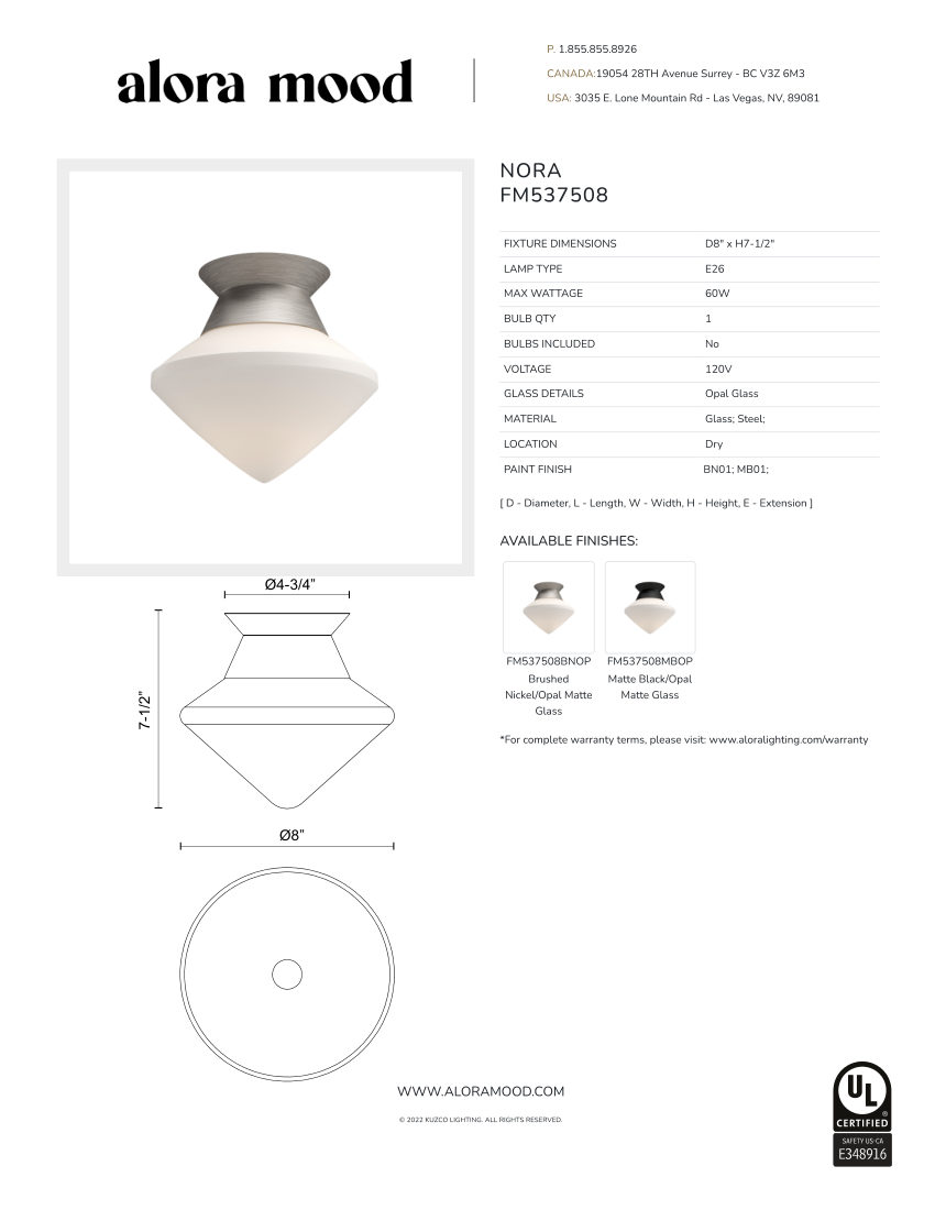 Kuzco Lighting FM537508MBOP cut sheet — first page