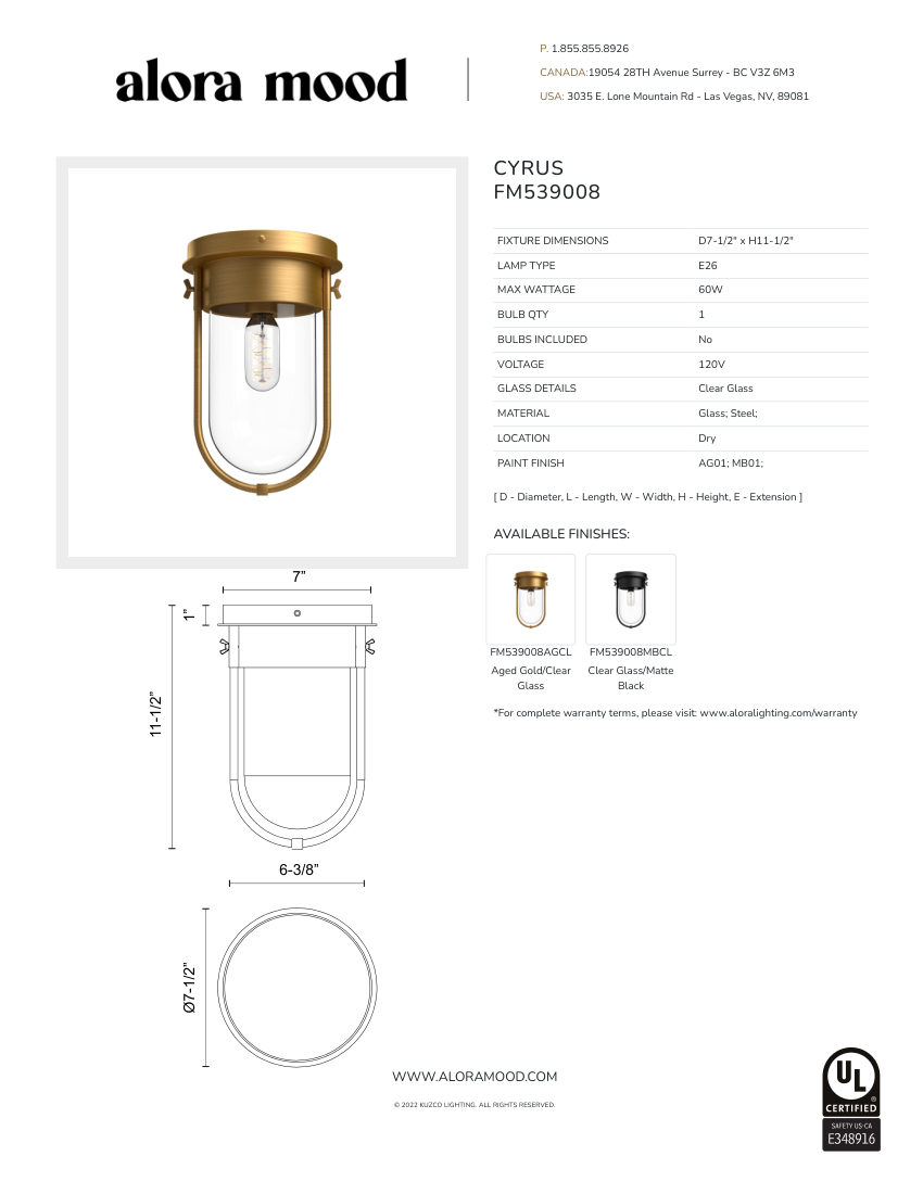 Kuzco Lighting FM539008AGCL cut sheet — first page