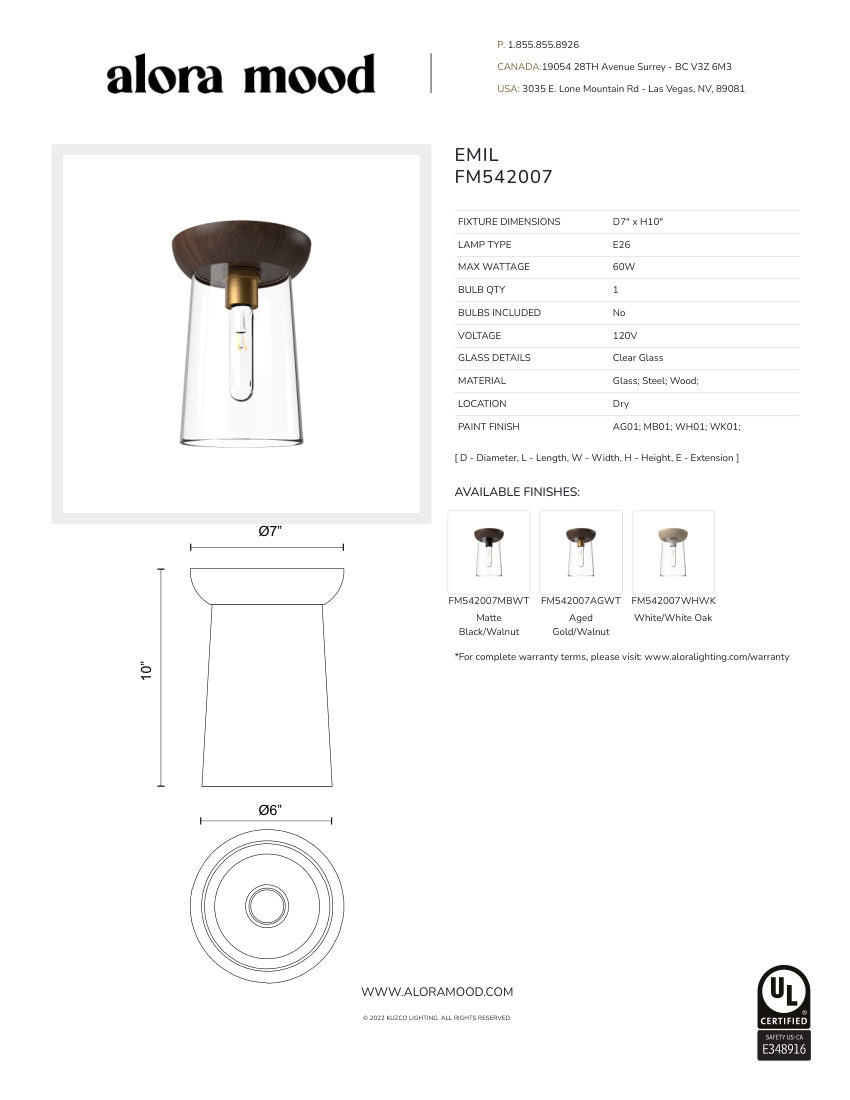 Kuzco Lighting FM542007AGWT cut sheet — first page