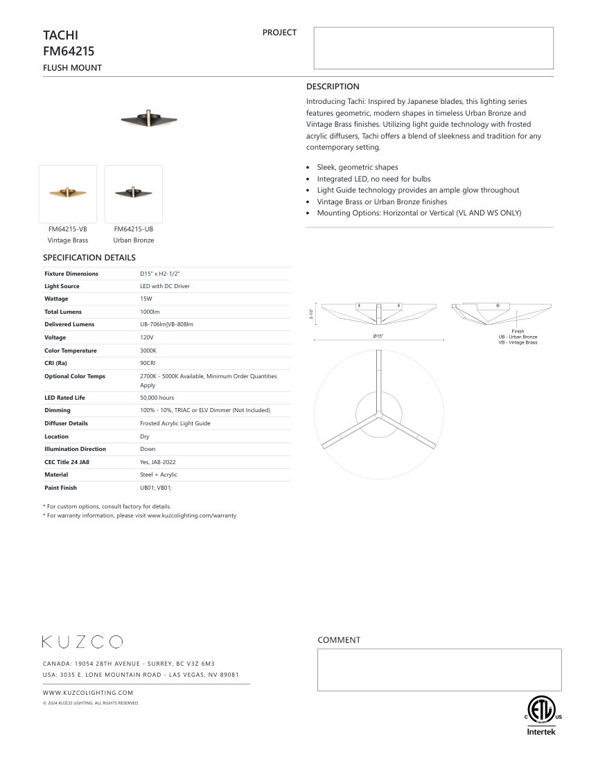 Kuzco Lighting FM64215-UB cut sheet — first page