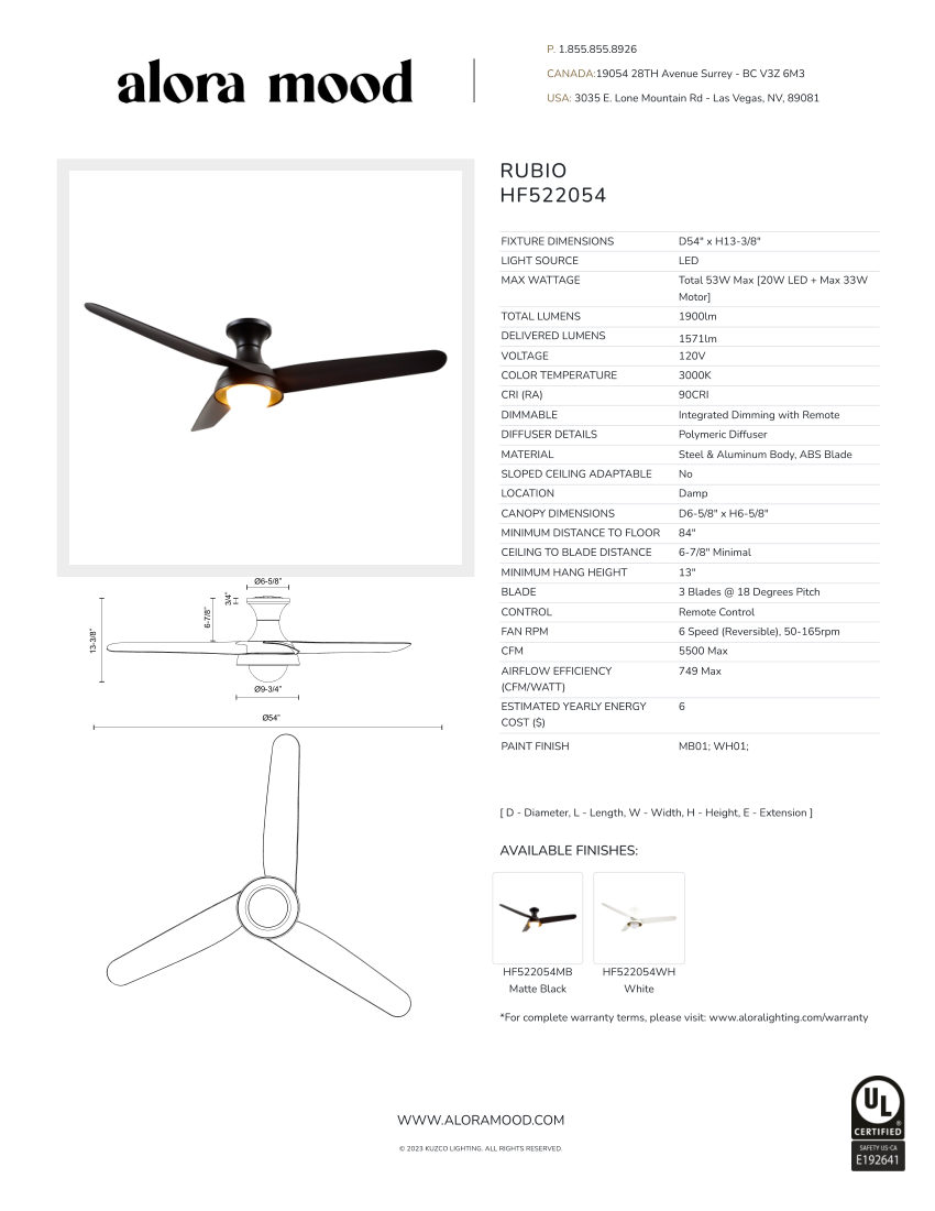Kuzco Lighting HF522054MB cut sheet — first page