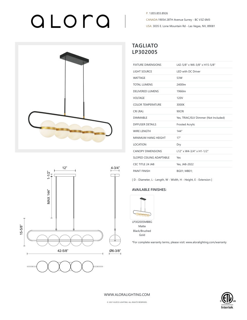 Kuzco Lighting LP302005MBBG cut sheet — first page