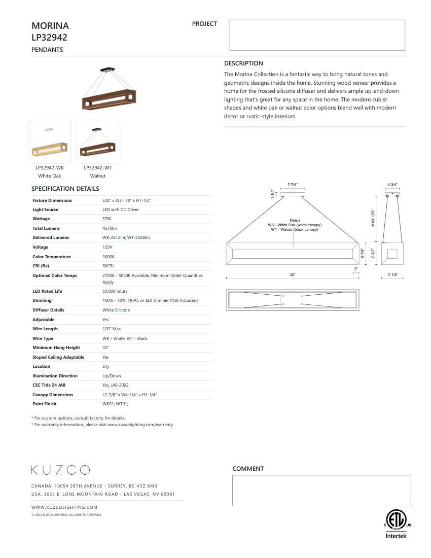 Kuzco Lighting LP32942-WT cut sheet — first page