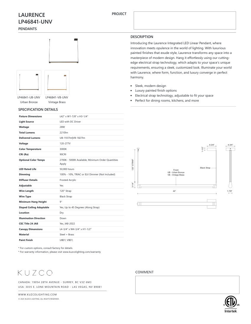 Kuzco Lighting LP46841-VB-UNV cut sheet — first page